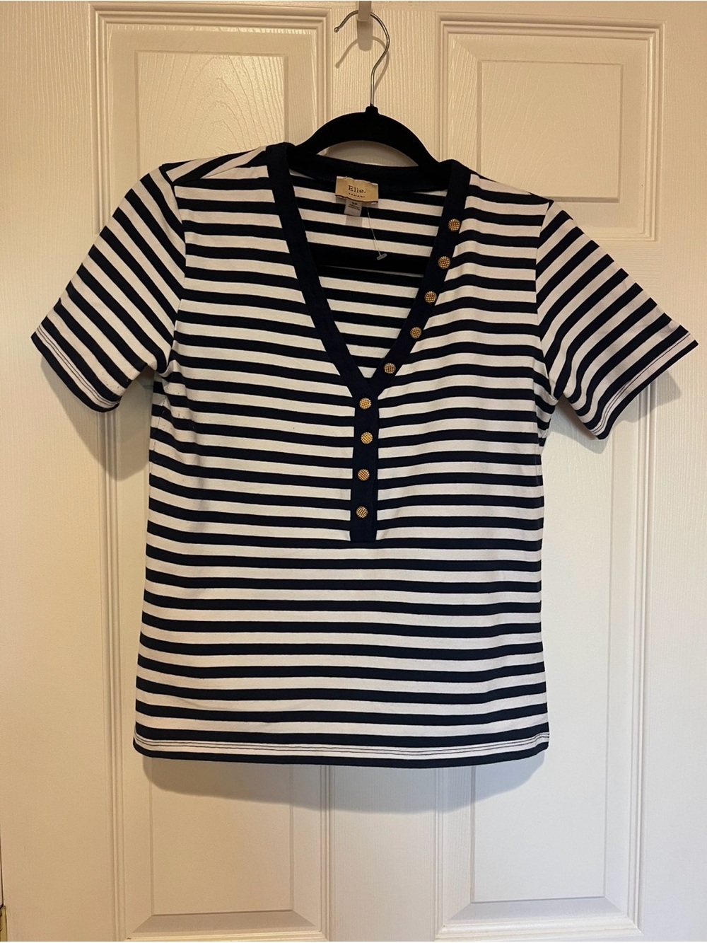 Elie Tahari Elegant Blue & White Striped Nautical Top with gold buttons